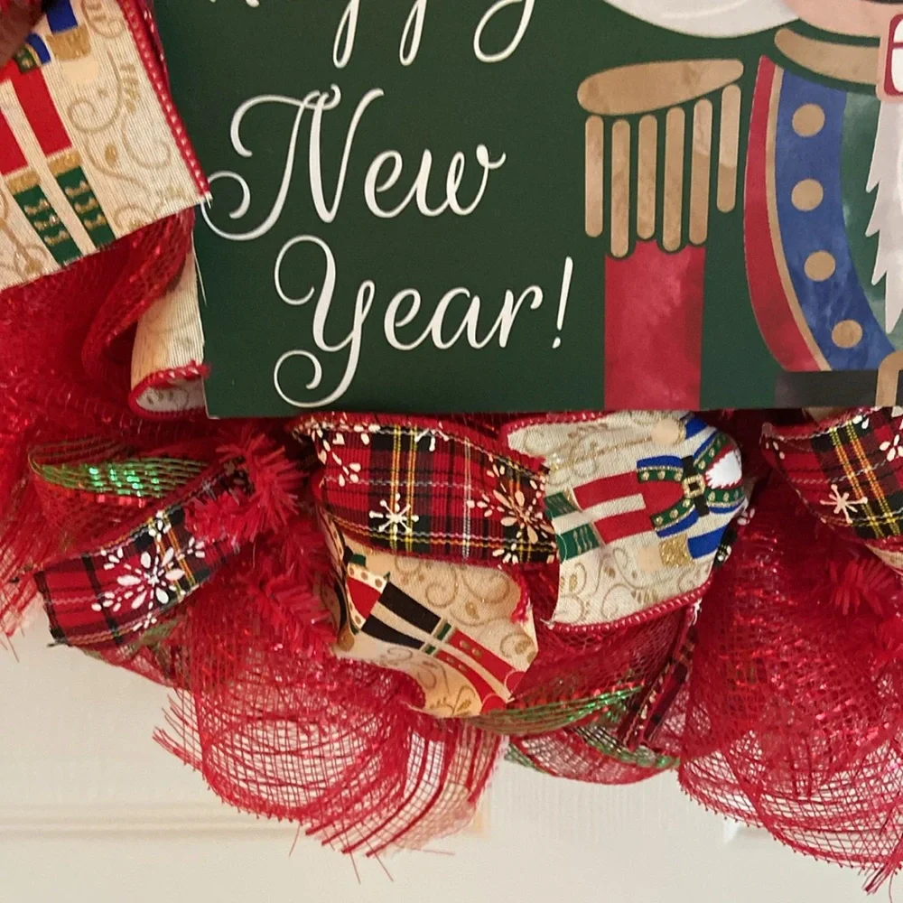 24” Nutcracker Christmas Handmade Mesh Wreath w/ Wooden Nutcracker Sign